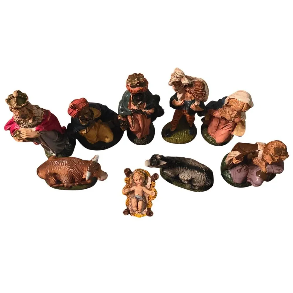Vtg Italy Nativity Hand Painted Resin Figurine Mary Joseph Shepherd Jesus 9pc
